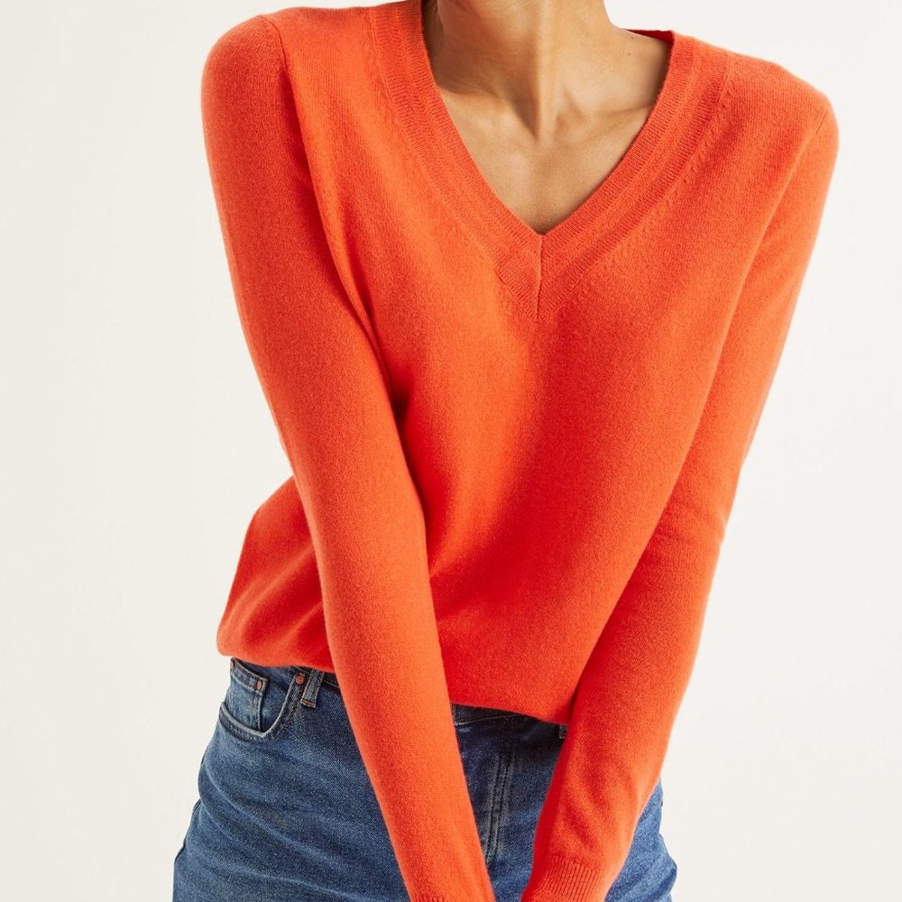 Boden 100% Cashmere, Relaxed, Orange, V-neck Sweater, Size L